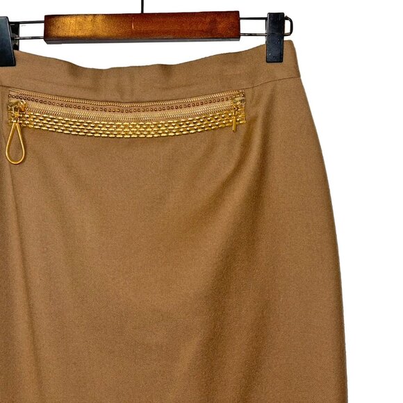Vintage Gianfranco Ferre Camel 100% Wool Skirt w/Gold Zipper Accents - Sz 8 - Picture 1 of 6